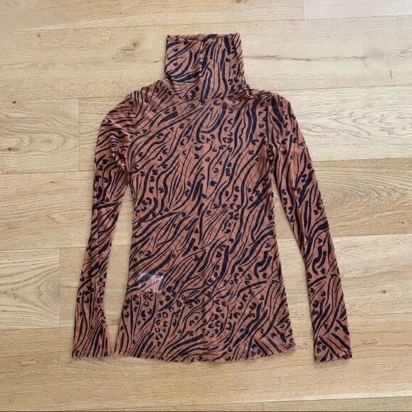 BCBGeneration Sheer Print High Neck Top in Tan & Black - Picture 1 of 5
